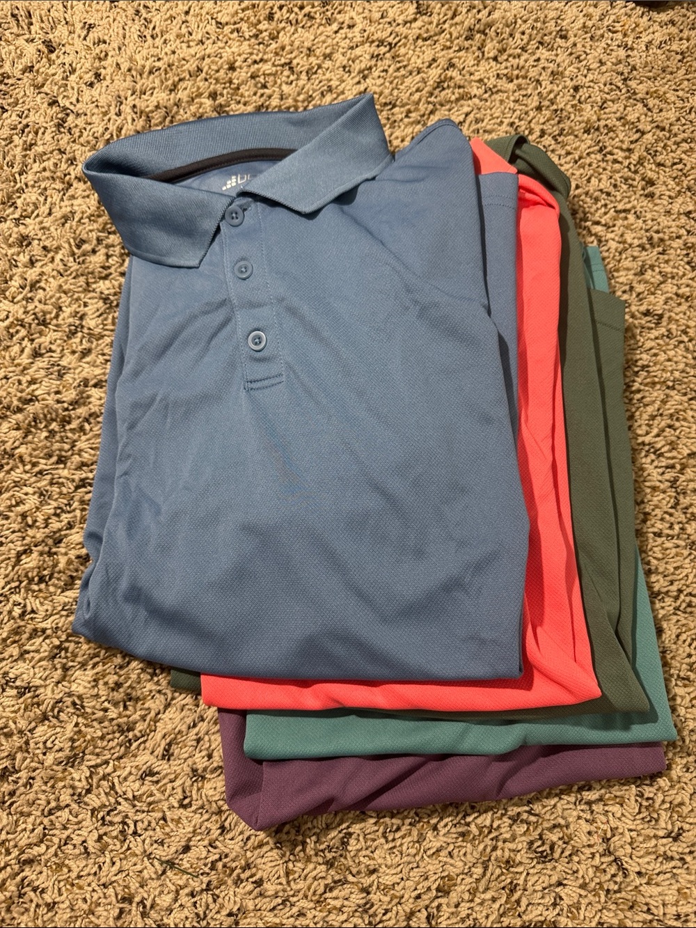Stack of 5 Men's Large Polo Shirts - Blue, Coral, Green, Teal, Purple